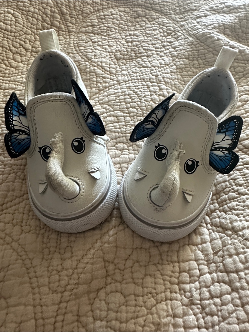 Kids Vans White Elephant Slip-On Shoes with Blue Butterfly Ears